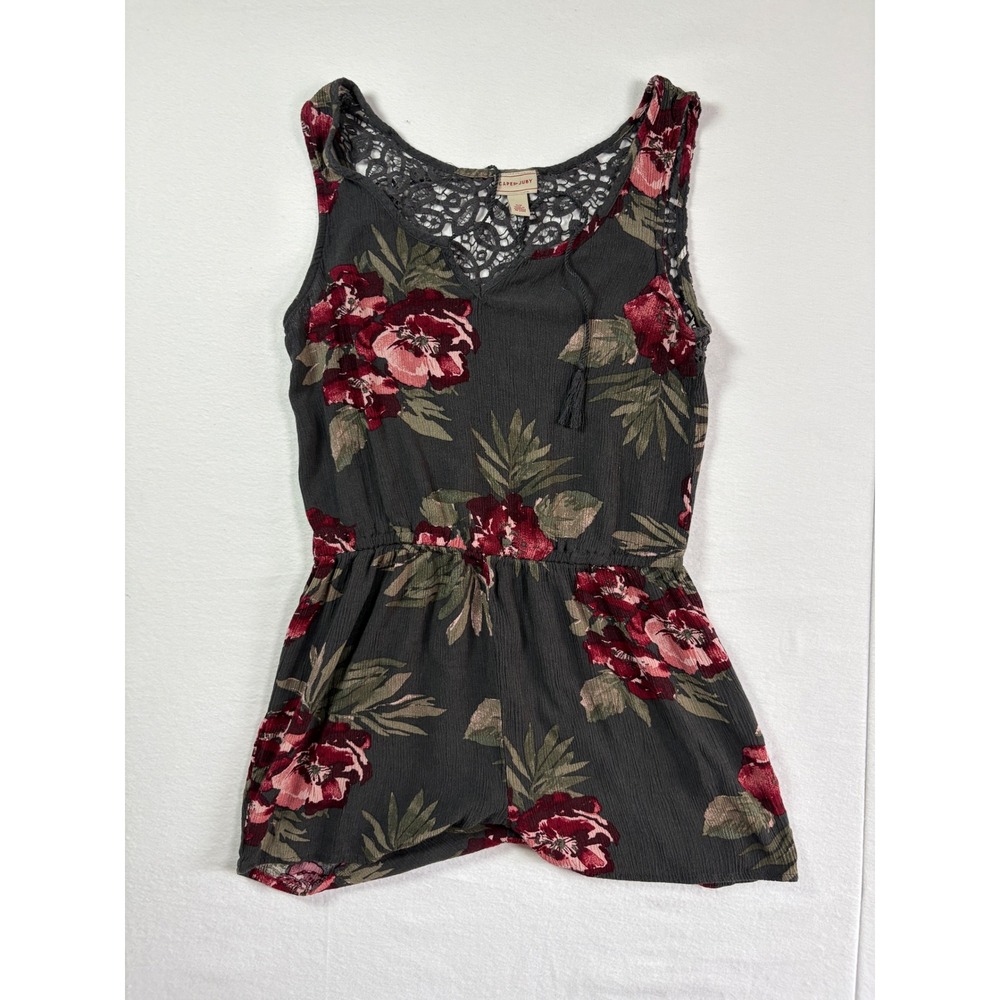 Cape Juby Womens Floral Lace Back Romper Sleeveless Gray Burgundy Small